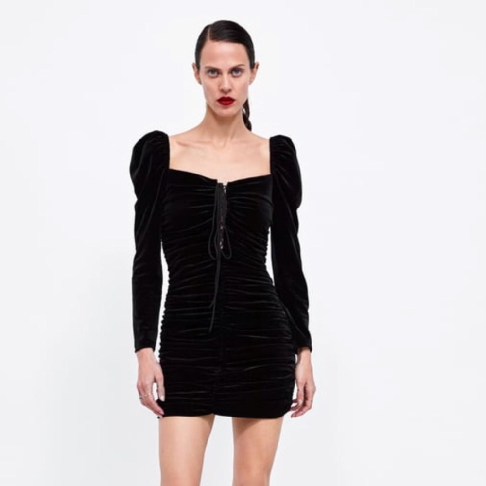 Zara Velvet Lace Up Mini Dress Long Sleeve